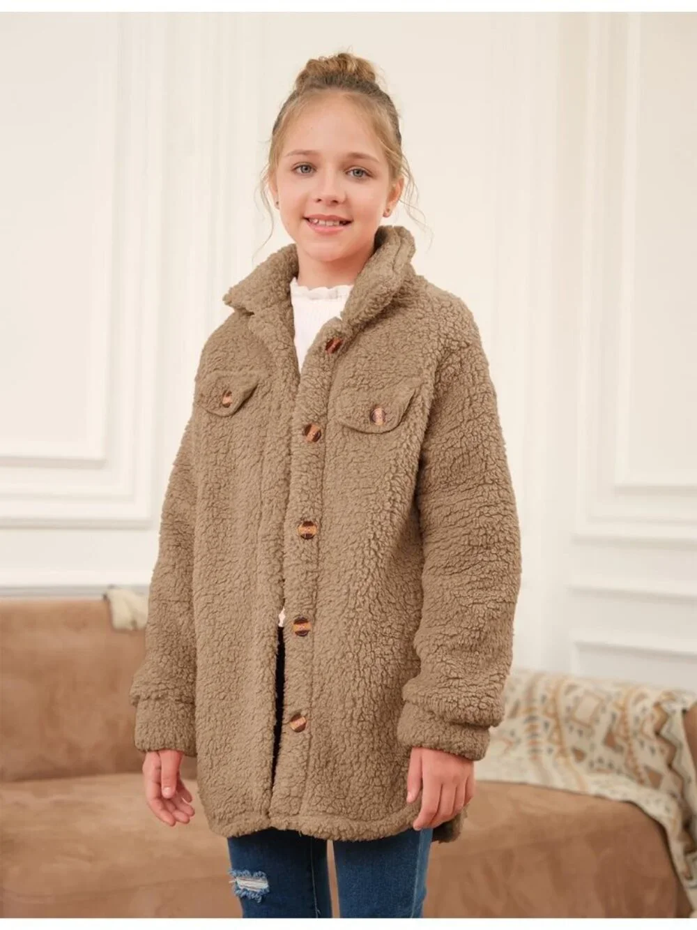 Kids Girl's Brown Polyester Casual Button Down Sherpa Faux Fur Fleece Jacket